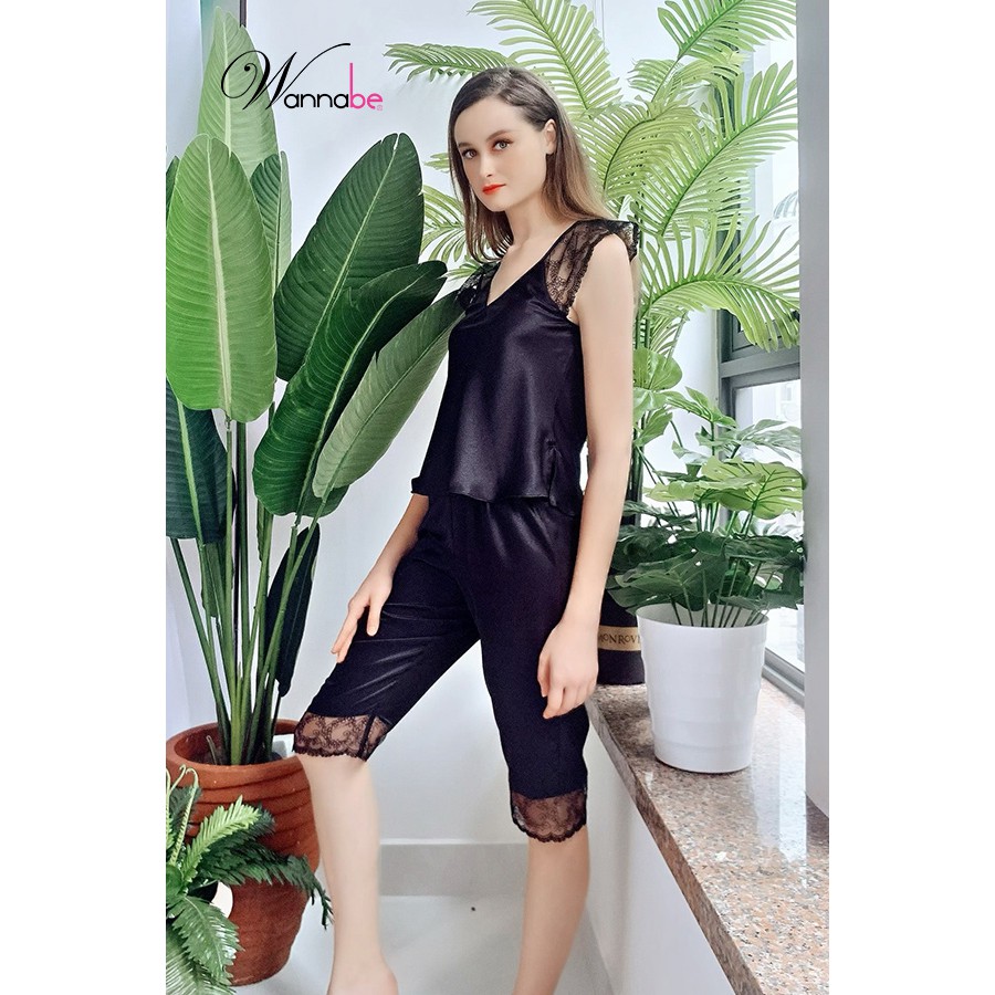 Đồ bộ mặc nhà phi lụa wannabe bộ lửng bls06 phối ren hoa nhã nhặn