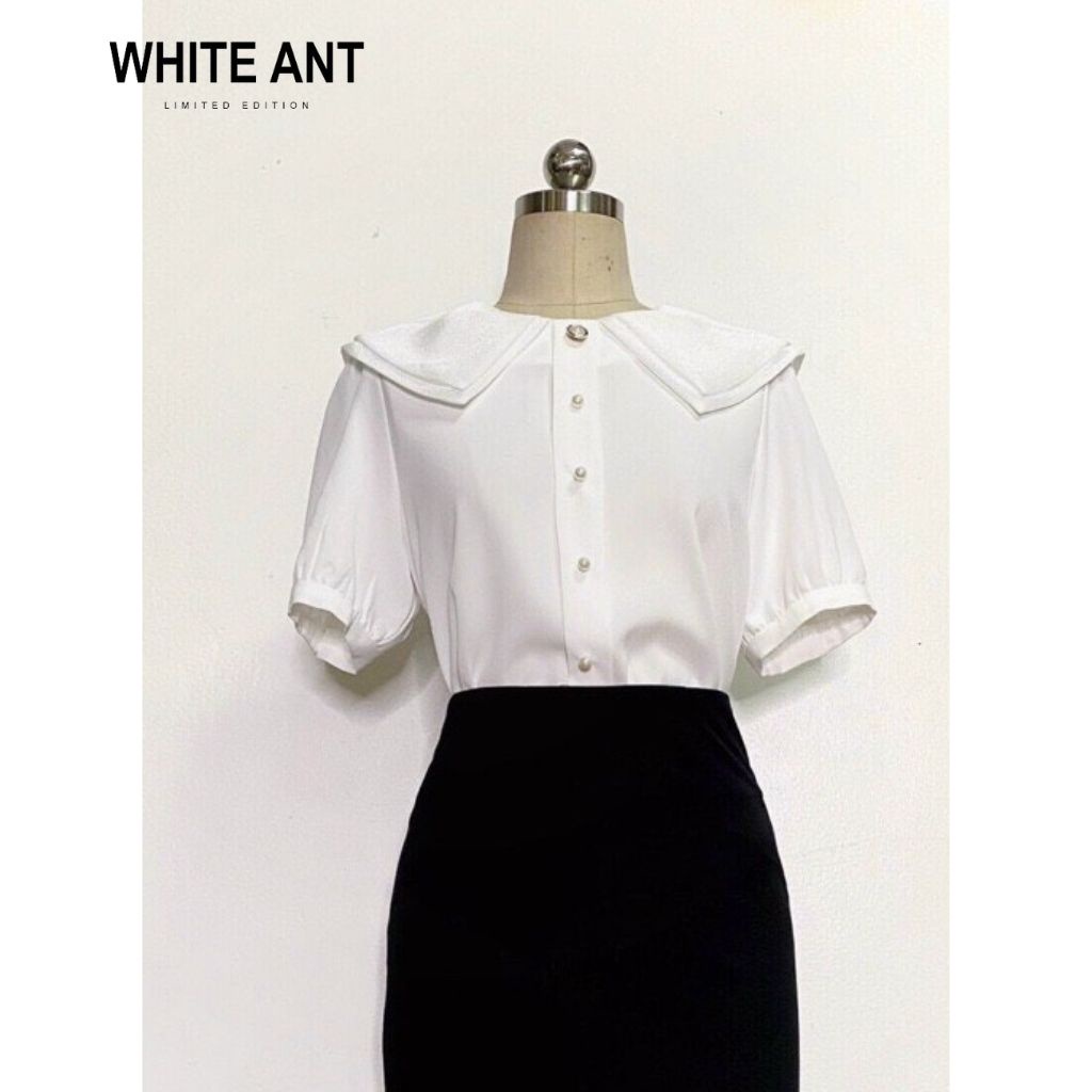 Áo Sơ Mi Nữ Công Sở Tay Cộc WHITE ANT Thiết Kế Cổ Tròn Cánh Sen Trơn Màu, Chất Liệu Lụa Chiffon Mềm Mịn 170300115.001
