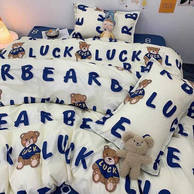 Bộ chăn ga gối , drap giường chất cotton poly họa tiết gấu luck bears