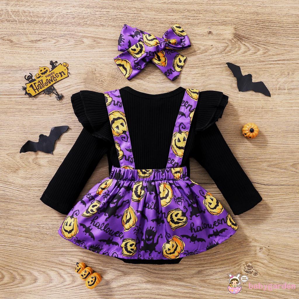 Bộ Áo Liền Quần Tay Dài Có Gân Và Băng Đô In Họa Tiết Bí Ngô Halloween Dành Cho Bé Gái 0-24 Tháng Tuổi