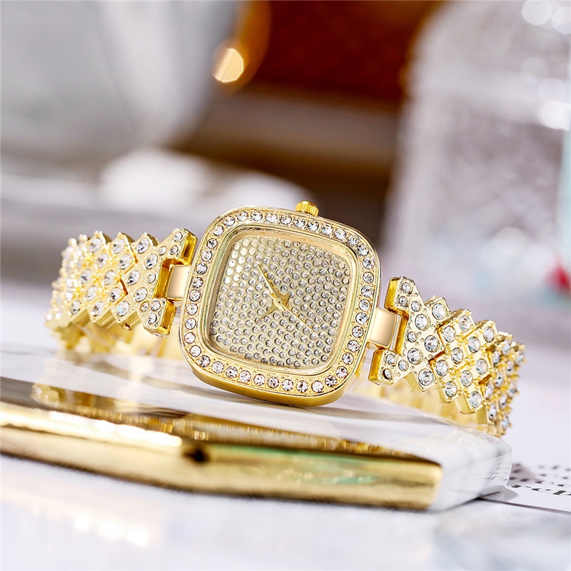 Đồng Hồ Quartz Nữ Mặt Vuông Đính Hột Xoàn Dây Thép Không Gỉ Thời Trang