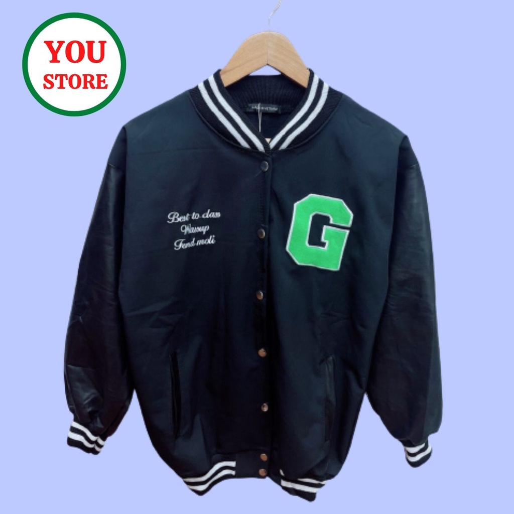 Áo Khoác Bomber Nam Nữ Unisex Chữ G Xanh Chất Liệu Nỉ Cotton Phối Da Tay Mã 258 You Store