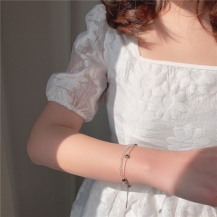 Vòng đeo tay hai lớp dây xích và hạt pha lê phong cách Hàn Quốc thời trang