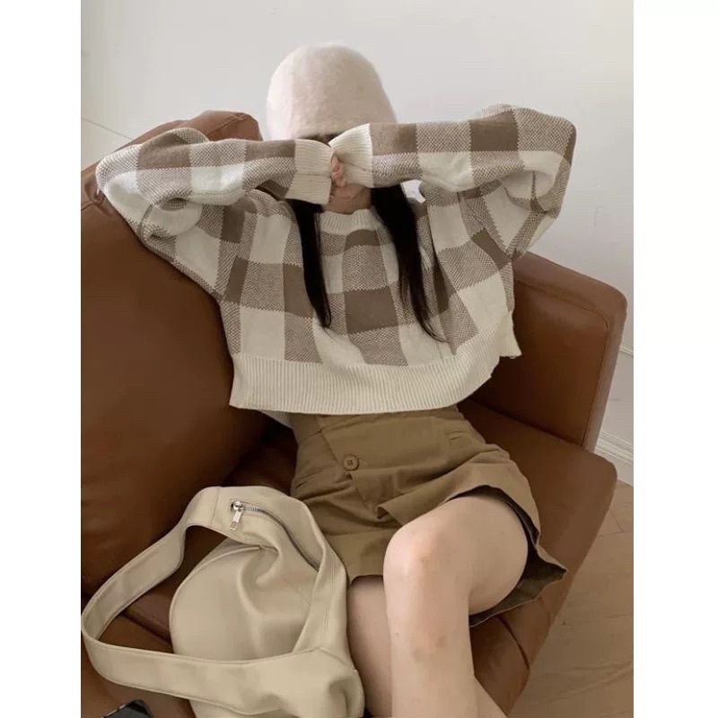 Áo len croptop tay dài kẻ ô to xanh thu đông 2022