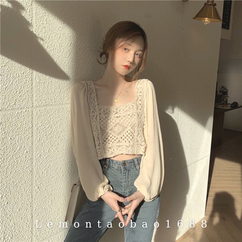 Áo Croptop Phối Voan Cổ Vuông, Hoạ Tiết Boho Du Lịch