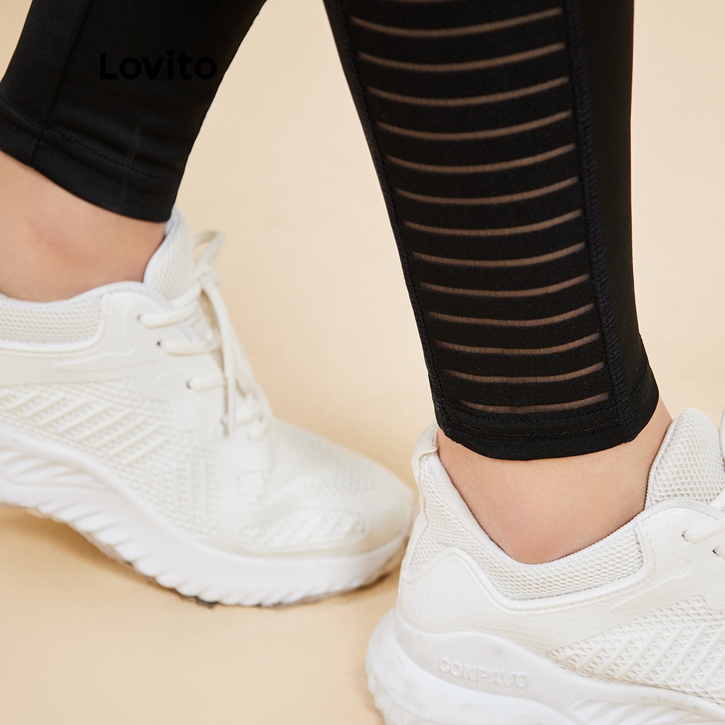 Quần legging Lovito lưng cao họa tiết sọc màu tương phản phong cách thể thao L15X222 (màu đen)