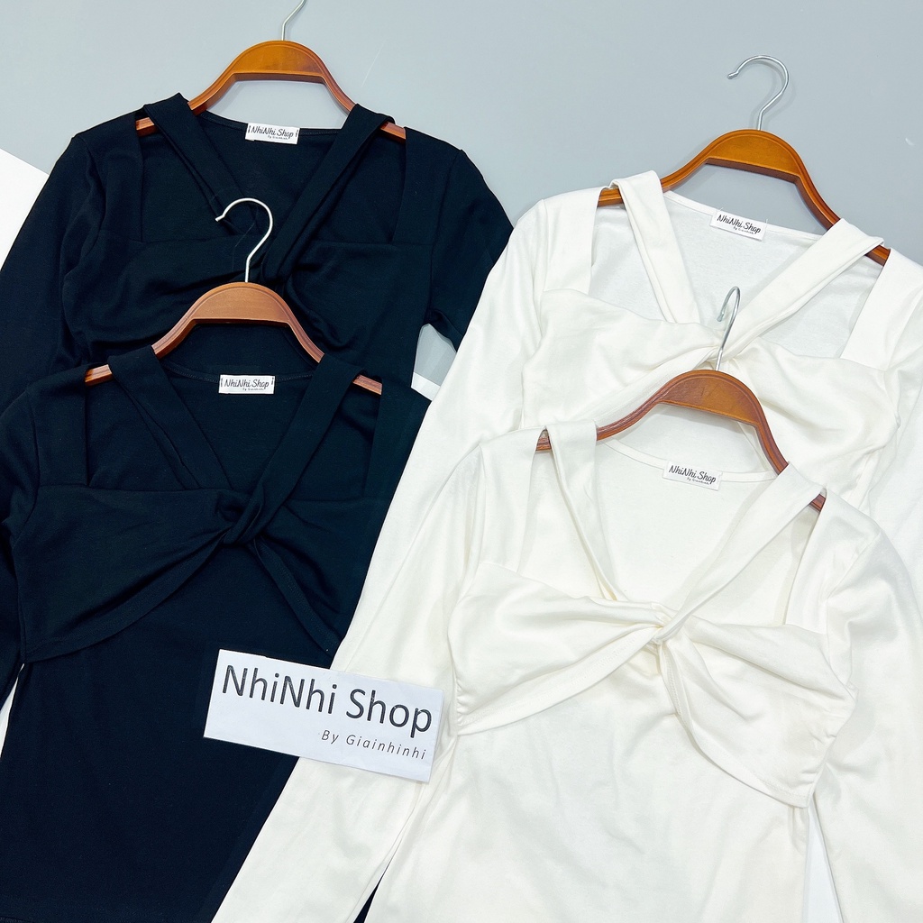 Áo thun kiểu xoắn ngực dài tay, Áo thun ôm dài tay kiểu xoắn cổ AT1619 - NhiNhi Shop