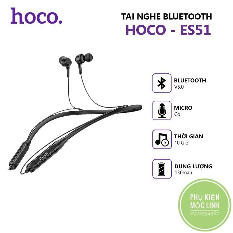 Tai nghe bluetooth thể thao choàng cổ Hoco ES51 Graceful Wireless 5.0 - Nghe nhạc đàm thoại 3h liên tục không dây Sport