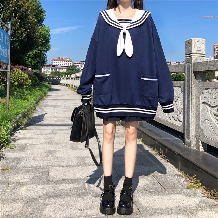 Áo Hoodie Tay Dài Dáng Rộng Phối Nơ Dễ Thương Cho Nữ