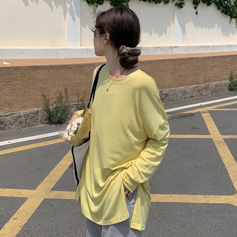 Áo Thun Tay Dài Dáng Rộng Xẻ Tà Kiểu Hàn Quốc Thời Trang Mùa Thu Cho Nữ