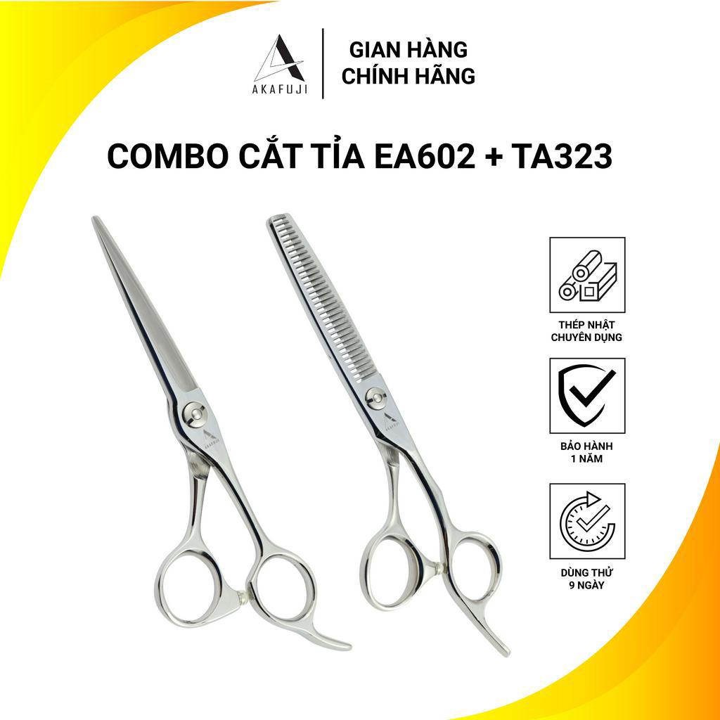 Combo 2 kéo cắt tỉa AKAFUJI,  kéo cắt size 6.0 lưỡi thẳng EA602, kéo tỉa chuôi offset TA323