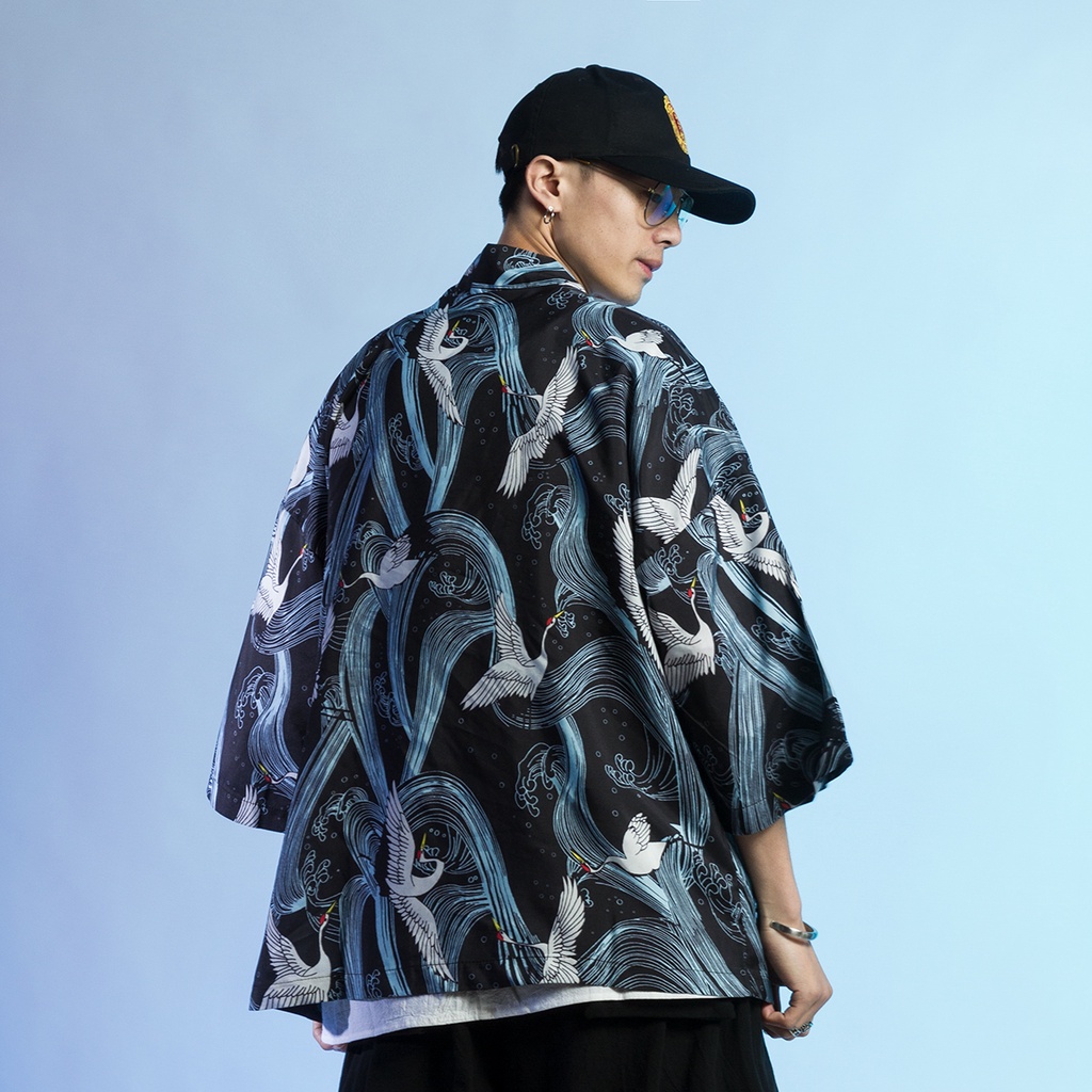 Áo Khoác Cardigan Tay Lỡ Họa Tiết Chim Hạc Phong Cách Nhật Bản