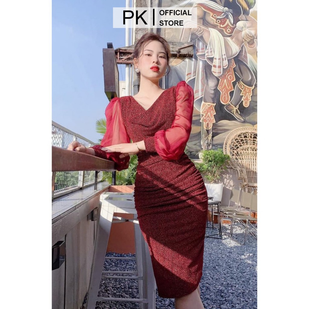 Đầm Dự Tiệc Ôm Body Nhũ Đỏ Tay Voan V1735, Váy Đầm Thiết Kế Chính Hãng PK's House