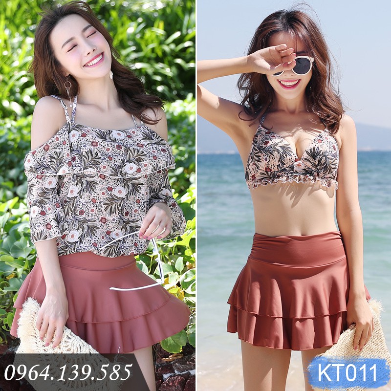Set bikini 2, 3 chi tiết, quần váy kín đáo, áo choàng điệu đà, chất bơi lyrca đẹp, dày dặn, co giãn đa chiều | KT011