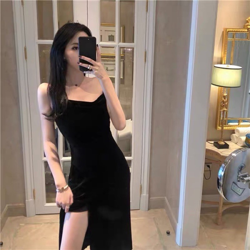 SẴN🖤Đầm dự tiệc 2 dây nhung cao cấp xẻ đùi cổ đổ sexy/Váy maxi ulzzang suông quyến rũ kiểu body dài big size