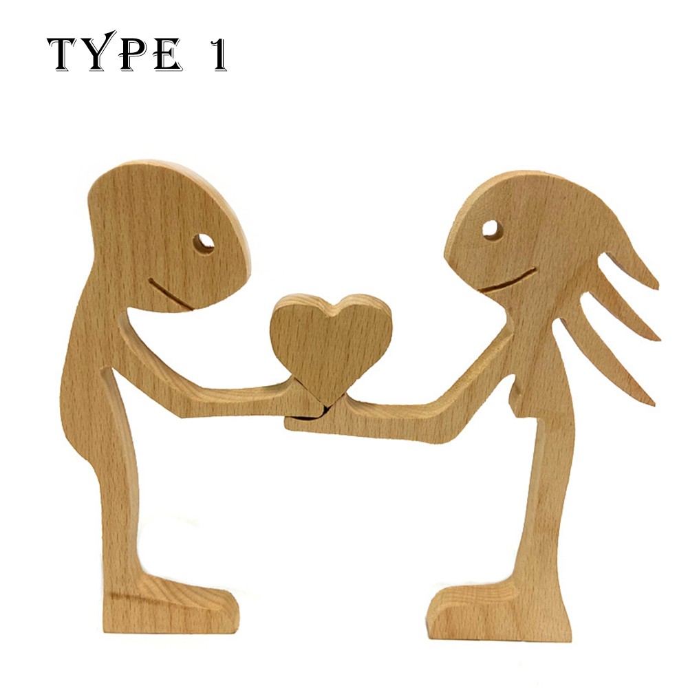 YEW Gift Couple Family Carving Craft Heart Lovers Kids Mini Ornaments Sculpture Wooden Sculpture Office Home Decor Desk Statues Table Ornaments