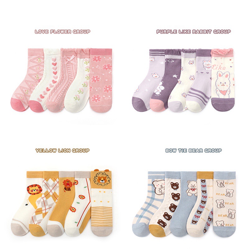 Set 5 Đôi Vớ Cotton Dễ Thương Cho Bé Gái Từ 1-12 Tuổi