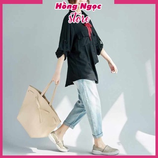 Áo sơ mi nữ dài tay, áo form rộng, chất liệu Đũi tơ mềm mịn, sơ mi nữ đẹp Hồng Ngọc Store AKH.47