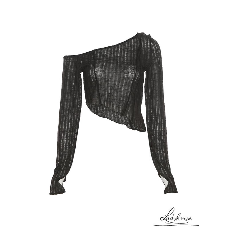 Áo Thun Tay Dài Hở Rốn Lệch Vai Màu Trơn Thời Trang Cho Nữ