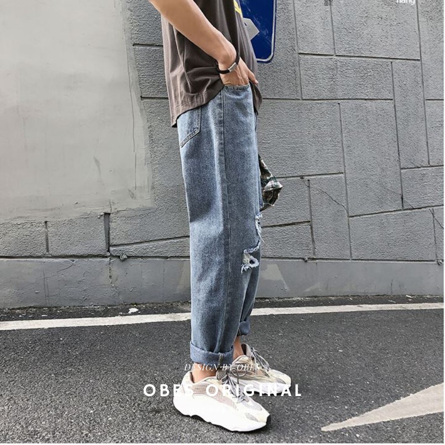 [Mã SKAMAP6 giảm 8% TỐI ĐA 50K đơn250K] [OBES] Quần jeans nam suông rộng rách gối mã QR204 | BigBuy360 - bigbuy360.vn