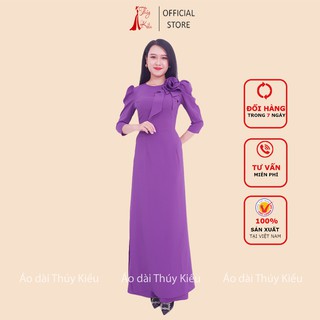 Áo dài trơn lụa Nhật cổ tròn màu tím huế tay bồng A04