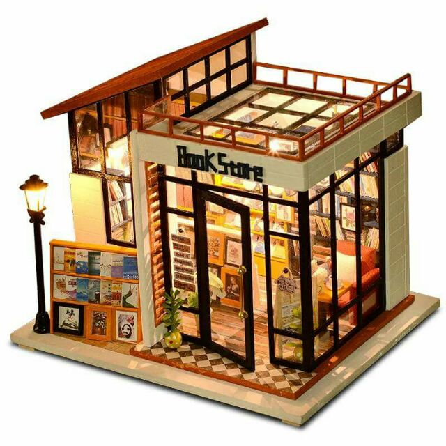 Kèm mica – Mô hình nhà gỗ búp bê dollhouse DIY – M012A Bookstore