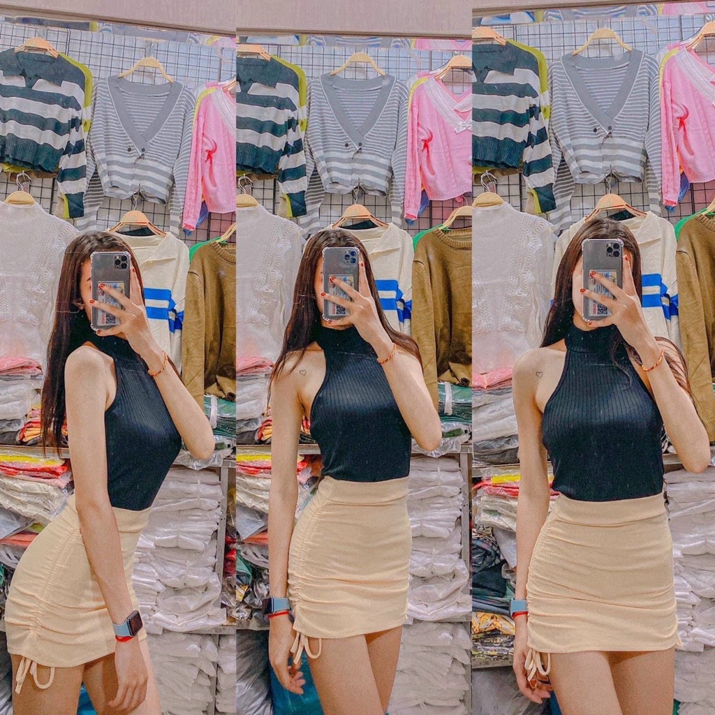 thun gân- chân váy rút 2 bên sườn k lót