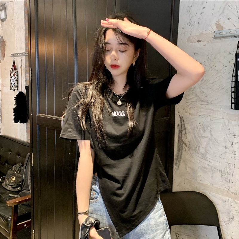 Áo Thun Tay Ngắn Cổ Tròn Thêu Họa Tiết Phong Cách Hàn Quốc Cho Nữ