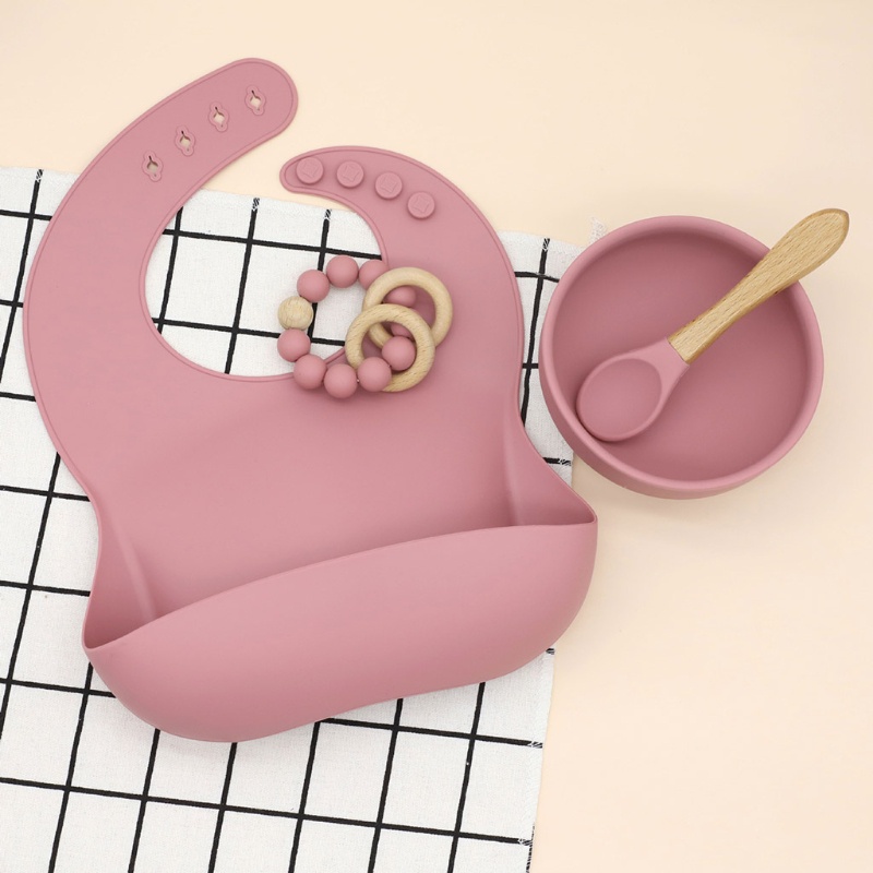 Bộ 4 Món Bát / Muỗng / Vòng Tay / Tô Ăn Dặm Bằng Silicone Có Giác Hút Cho Bé Sơ Sinh