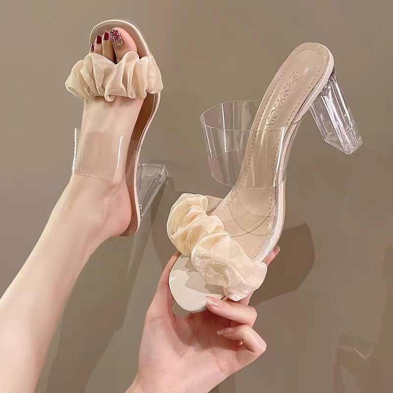 Guốc cao gót vuông 9 phân AICHIRO quai ngang bèo nhún mềm êm thời trang.Ms: GUỐC NHÚN BÈO