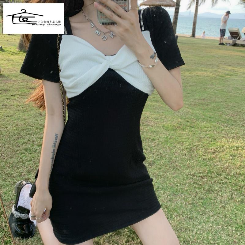 Đầm Ngắn Màu Đen Kiểu Pháp Đính Nơ Thời Trang Mùa Hè 2022 Cho Nữ