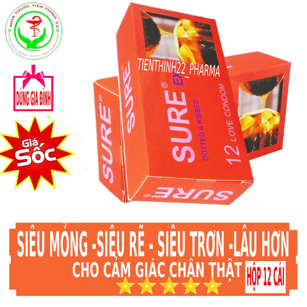 Bao cao su SURE đỏ chống xuất tinh sớm - Hộp 12 cái - BCS Sure đỏ - Che tên sản phẩm và bảo quản thông tin tuyệt đối.