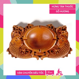 Gạt tàn thuốc lá gỗ hương SONG NGƯ điêu khắc nguyên khối sang trọng đẳng cấp - 22x12x3cm