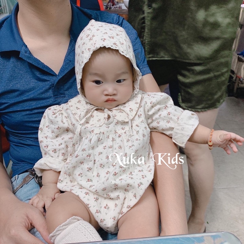 Bodysuit Dài Tay Cổ Sen Kèm Mũ Hoa Nhí [Jennybebe] Bodysuit Hoa Nhí Cho Bé [Ảnh Thật]