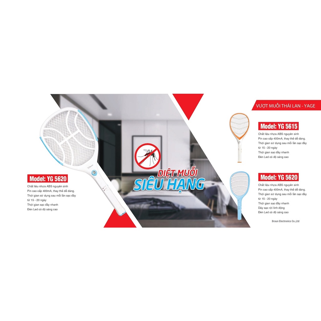 Vợt muỗi Thái Lan cao cấp YAGE YG 5615- Đèn Led có độ sáng cao- Thời gian sạc nhanh- Bảo hành 12 tháng
