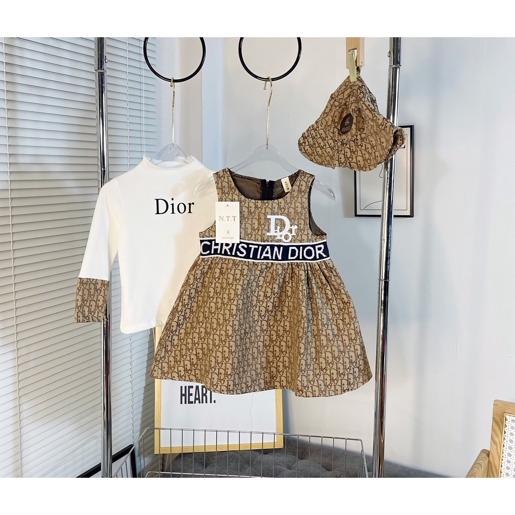 Set Dior cho bé gái - Set đồ áo yếm kèm mũ dành cho bé gái đi chơi,đi học size 10kg - 30kg
