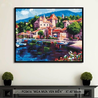 <Sẵn> Tranh Sơn Dầu Số Hoá Tự Vẽ - PC0416 Mùa Mưa Ven Biển, đã căng khung 4050cm