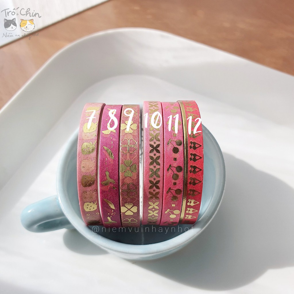 [HÀNG CÓ SẴN] [ẢNH THẬT] Washi tape nhũ ánh kim cực kì sắc nét HỒNG RỰC RỠ Gold Pink Washi tape (kích thước 5mm*2m)