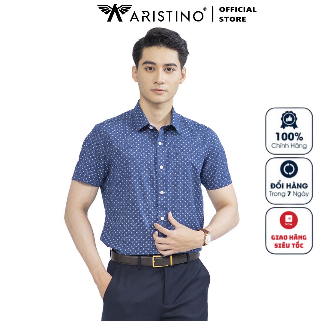 Áo Sơ Mi Nam Ngắn Tay ARISTINO ASS216S2 Somi Công Sở Cao Cấp màu xanh tím than in Vải sợi tre Dáng ôm tà lượn không túi