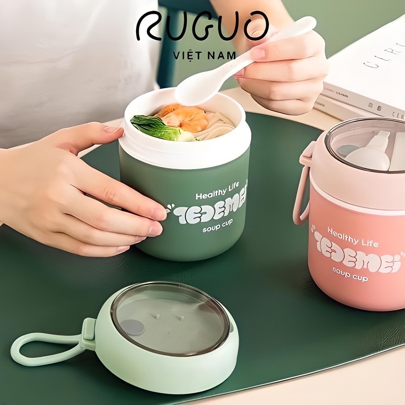 Bình ủ cháo, cốc đựng canh Tedemei chất liệu nhựa chịu nhiệt, có thìa kèm theo, dung tích 530ml