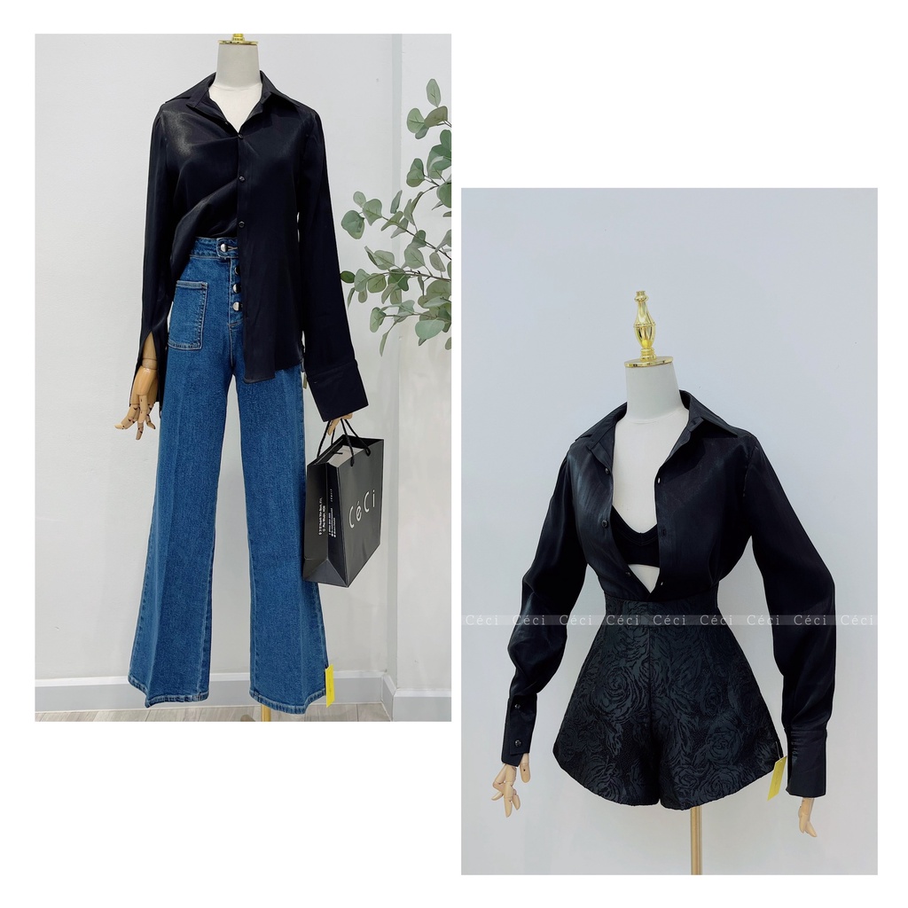 Áo sơ mi lụa + Quần Jean, Quần short ngắn, Céci Store.