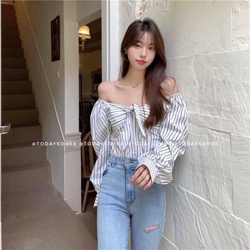 Áo dài tay trễ vai thắt nơ