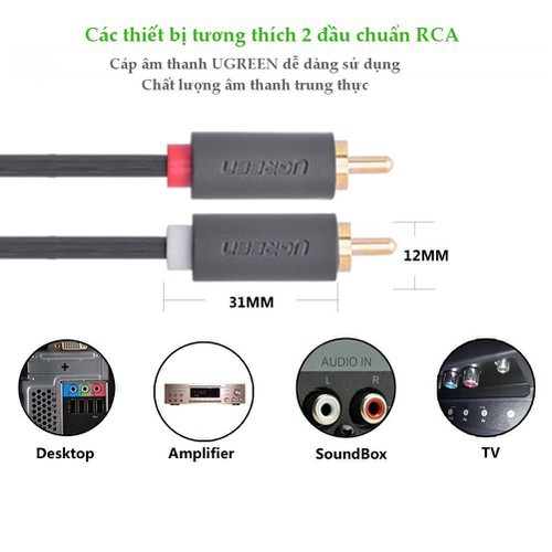 Cáp Audio 3.5mm Âm ra 2 RCA Dương dài 20cm Ugreen 10561 - Hàng Chính Hãng
