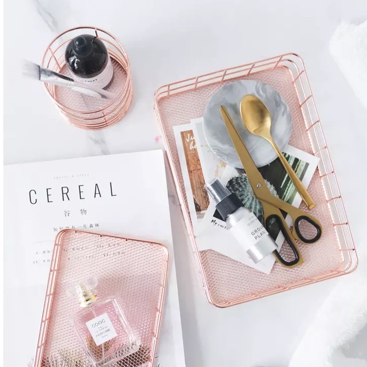 Khay ống đựng cọ giỏ kim loại đáy lưới màu Gold, Rosegold để mỹ phẩm, văn phòng phẩm