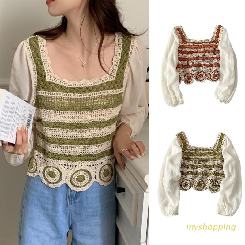 Áo Croptop Dệt Kim Cổ Vuông Tay Dài Dáng Rộng Kiểu Pháp Thời Trang Mùa Hè Cho Nữ