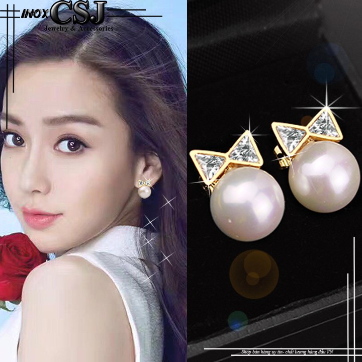 Bông tai inox nữ cái nơ ngọc trai mạ vàng đep chất lượng không đen