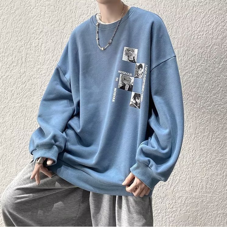 Áo Sweater Tay Dài Dáng Rộng In Hình Anime Màu Trắng Đen Thời Trang Mùa Thu Cho Nam Và Nữ