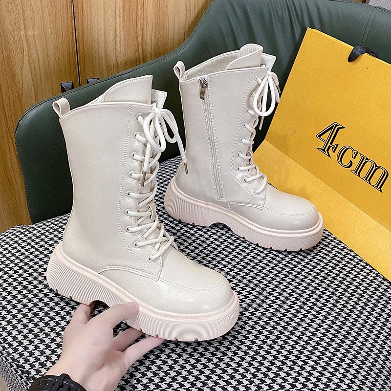 Giày Boot ulzzang bốt nữ cao cổ buộc dây kéo khóa đế cao 6cm màu đen/kem