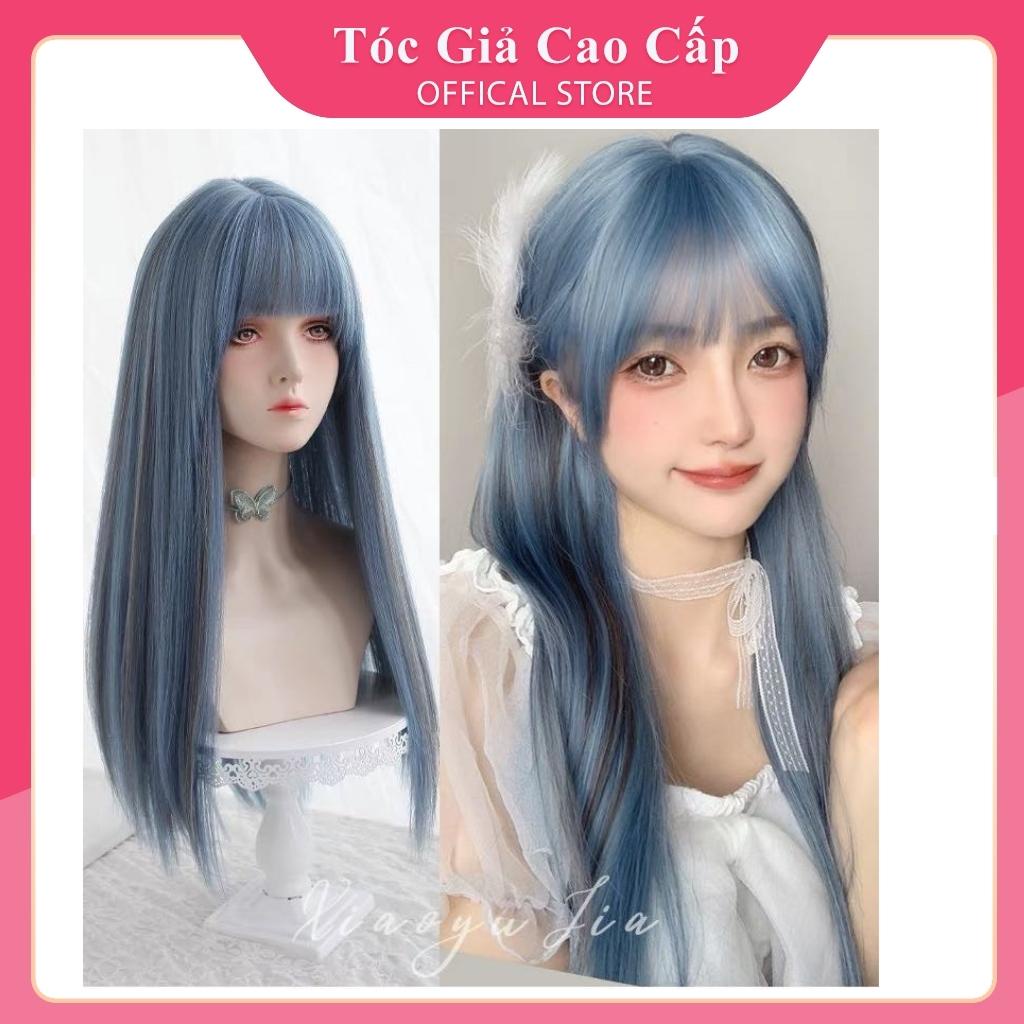 Tóc giả nữ nguyên đầu nữ đẹp màu xanh dương phối line nâu, mẫu mới siu đẹp, tặng lưới trùm, BHT017
