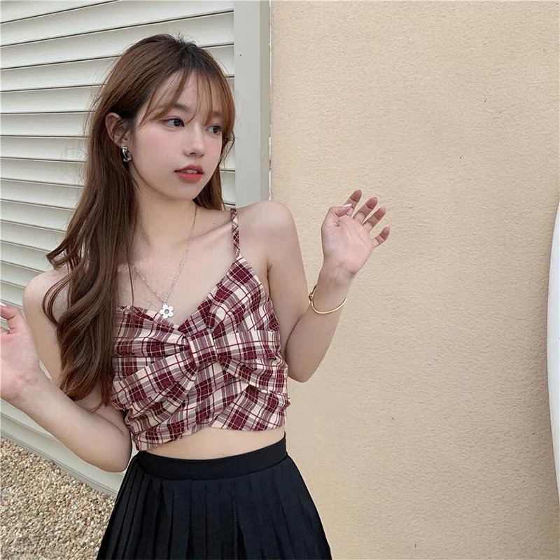 Áo 2s 2 dây thô kẻ kiểu nơ ngực